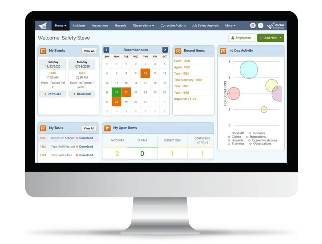 Screenshot of an EHS software system, Vector EHS Management Software