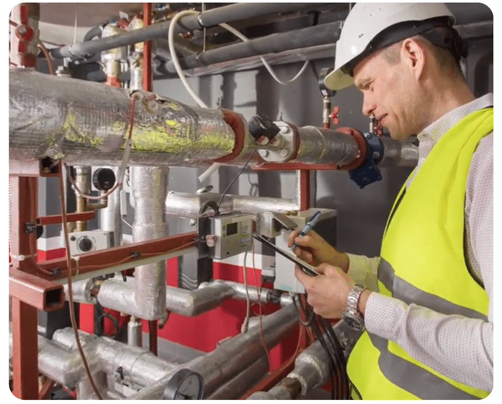 An employee inspects equipment