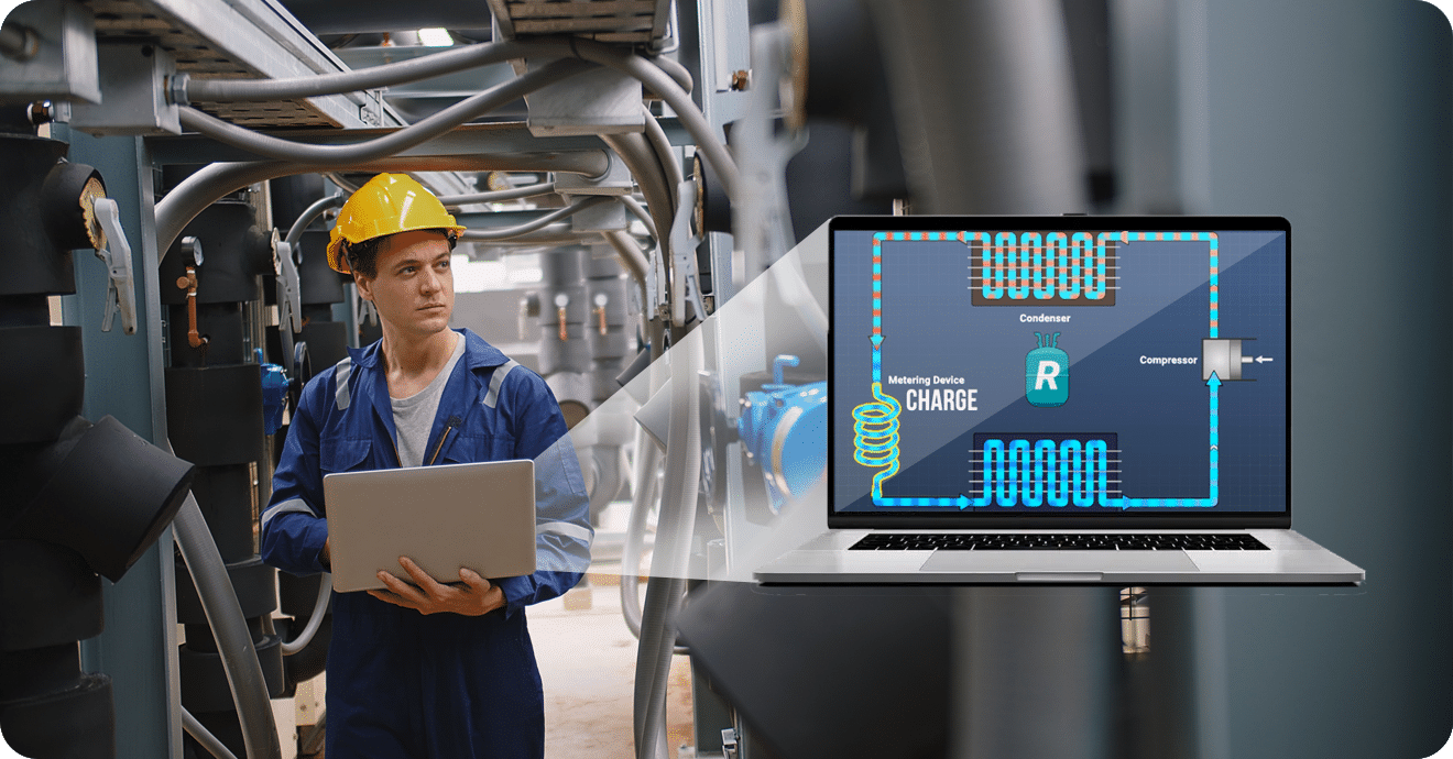 An employee's laptop shows a diagram of a metering device, charge, condenser, and compressor.