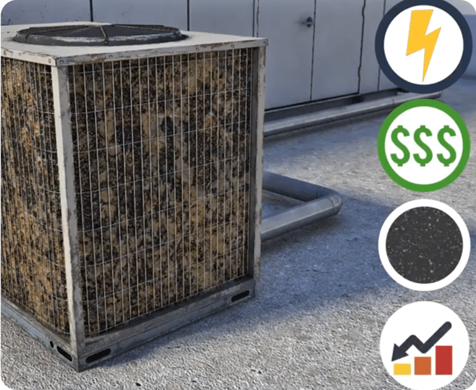 Graphic showing an improperly maintained HVAC unit and the negative impacts