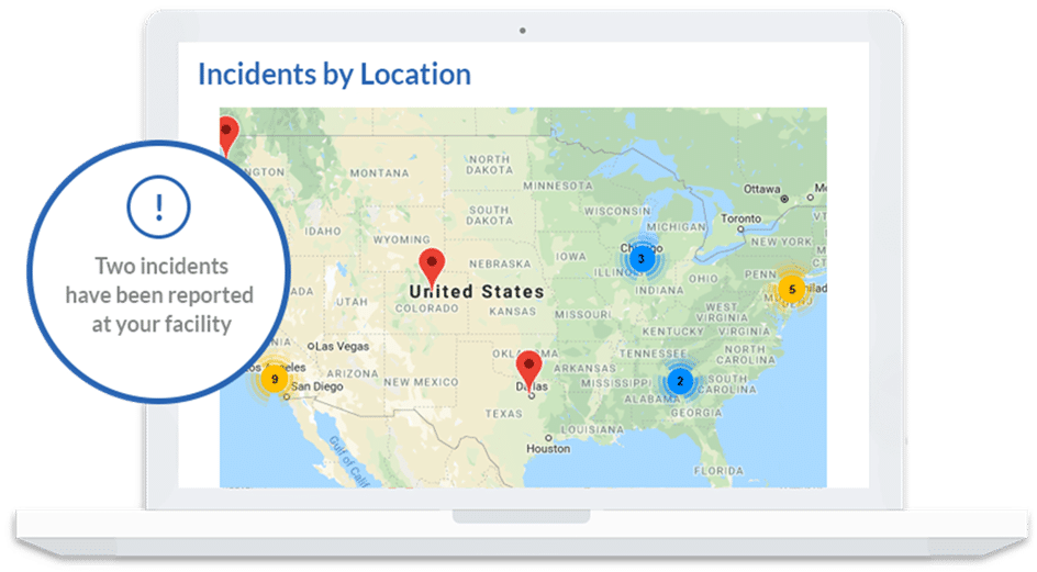 A laptop showing a map of the U.S. with location pins where incidents occurred. Popup text reads: "Two incidents have been reported at your facility".