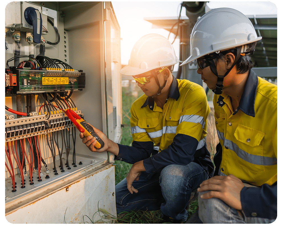 Workers use clamp meter to measure the current of electrical wires produced from solar energy for confirm to normal current