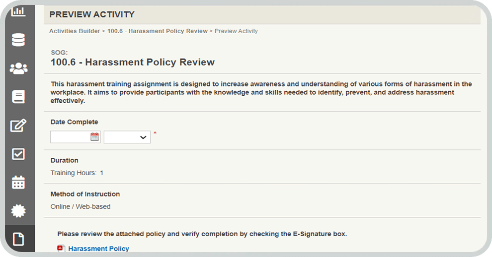 A screenshot of Vector’s law enforcement training management software displaying its policy management functionality.